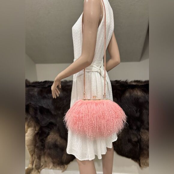 Pink Real Mongolian Lamb Fur Handmade Kisslock Wristlet/Shoulder Bag/Crossbody - Picture 9 of 16